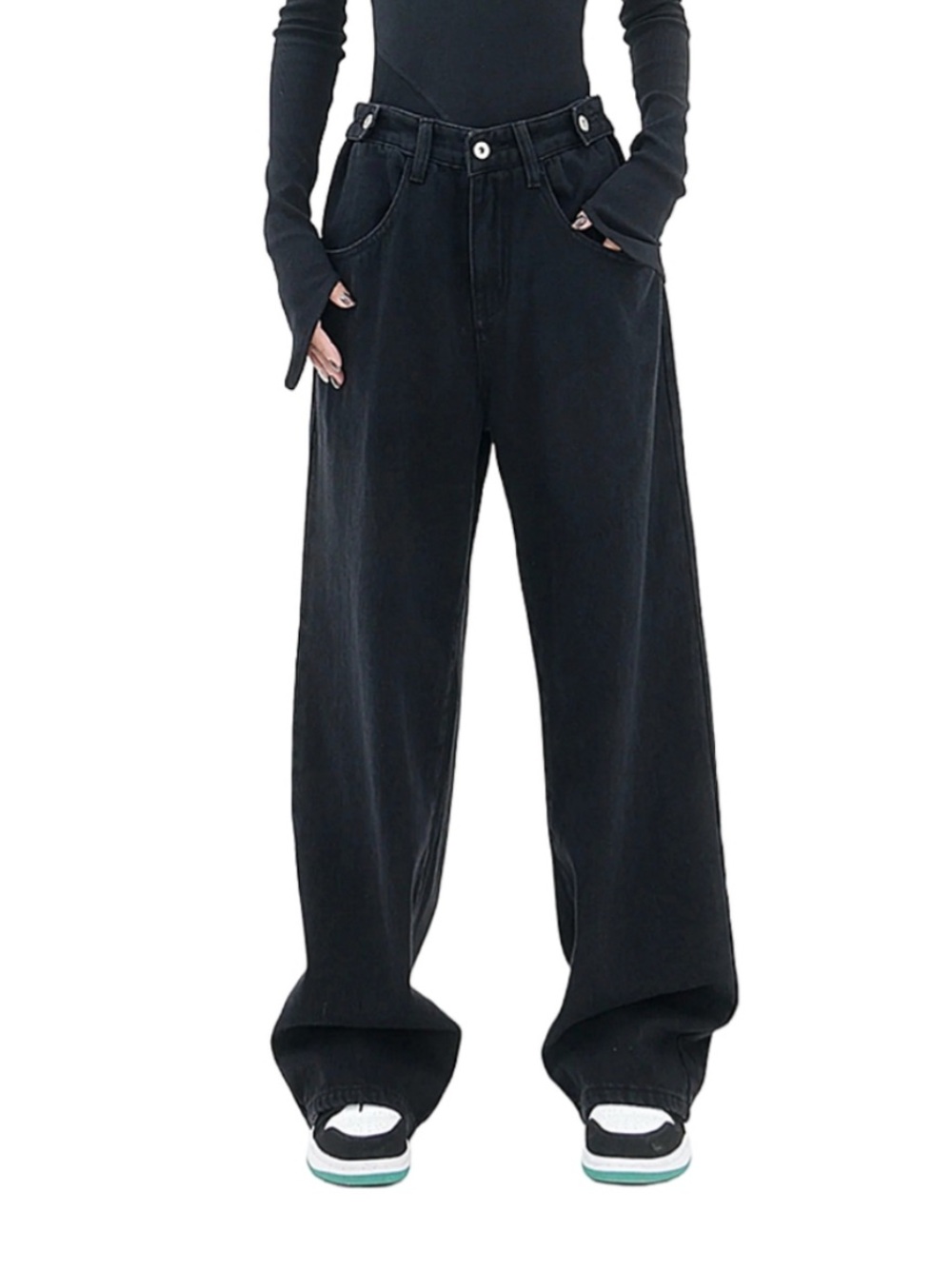 Commense Adjustable Cinch Baggy Wide Leg Boyfriend Jeans Washed Black Small